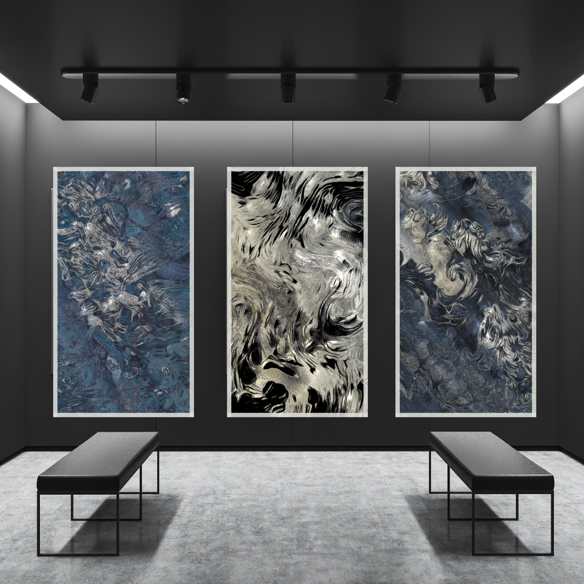 Three abstract paintings featuring swirling, textured patterns in shades of blue, black, white, and beige are displayed in a modern art gallery with black walls and two black benches.