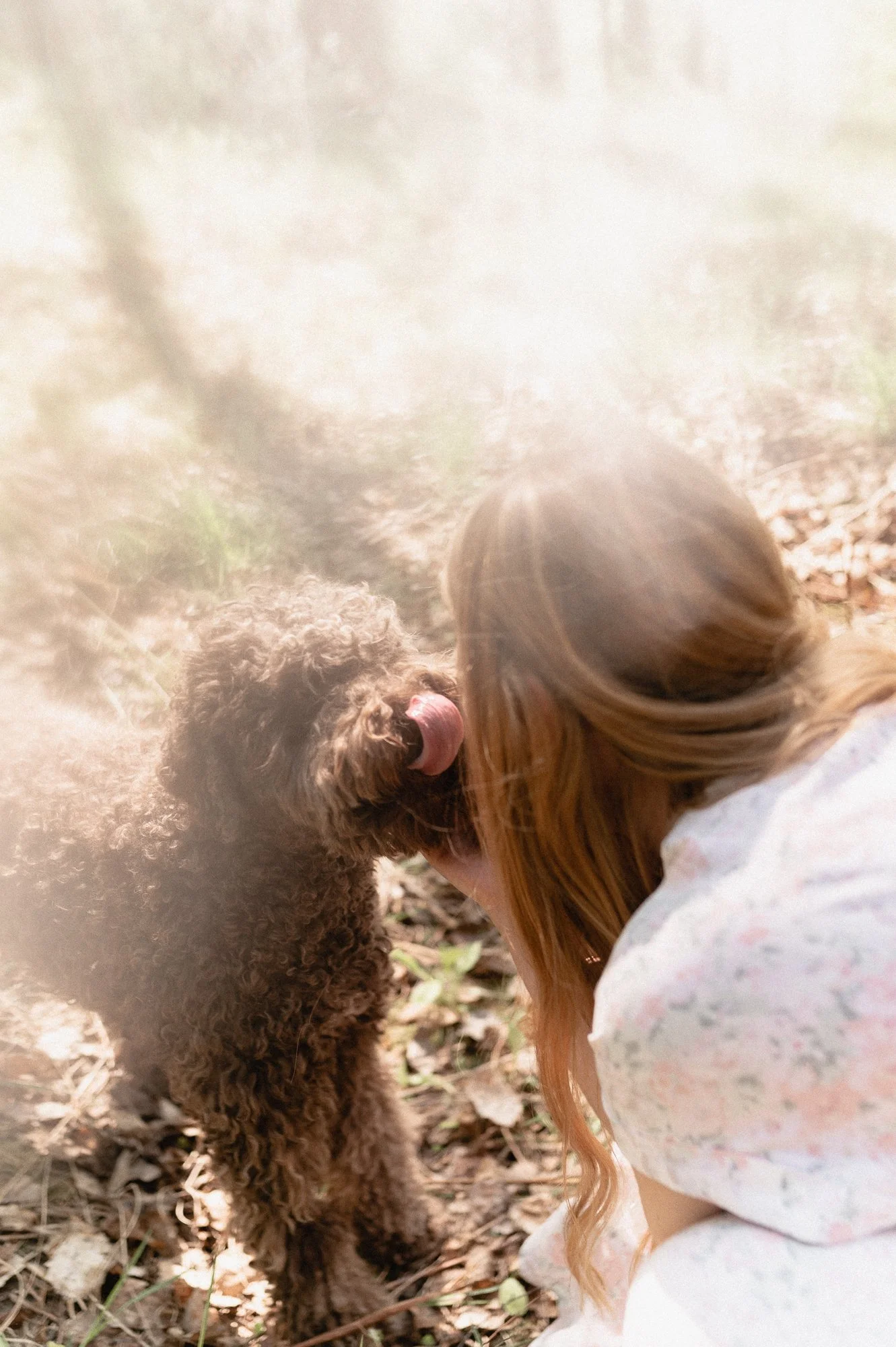 Kesäinen kuva naisesta ja koirasta metsässä, naisen selkä ja koiran pää näkyvät, koira on antamassa pusun, koirakuva