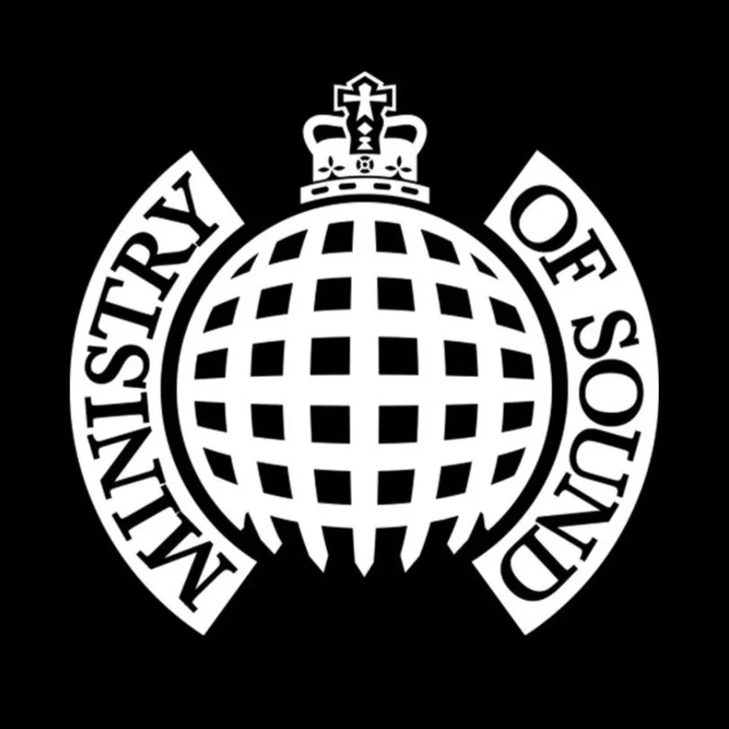 Black and white logo of the Ministry of Sound, featuring a globe with a crown on top and the text 'Ministry of Sound' surrounding it.