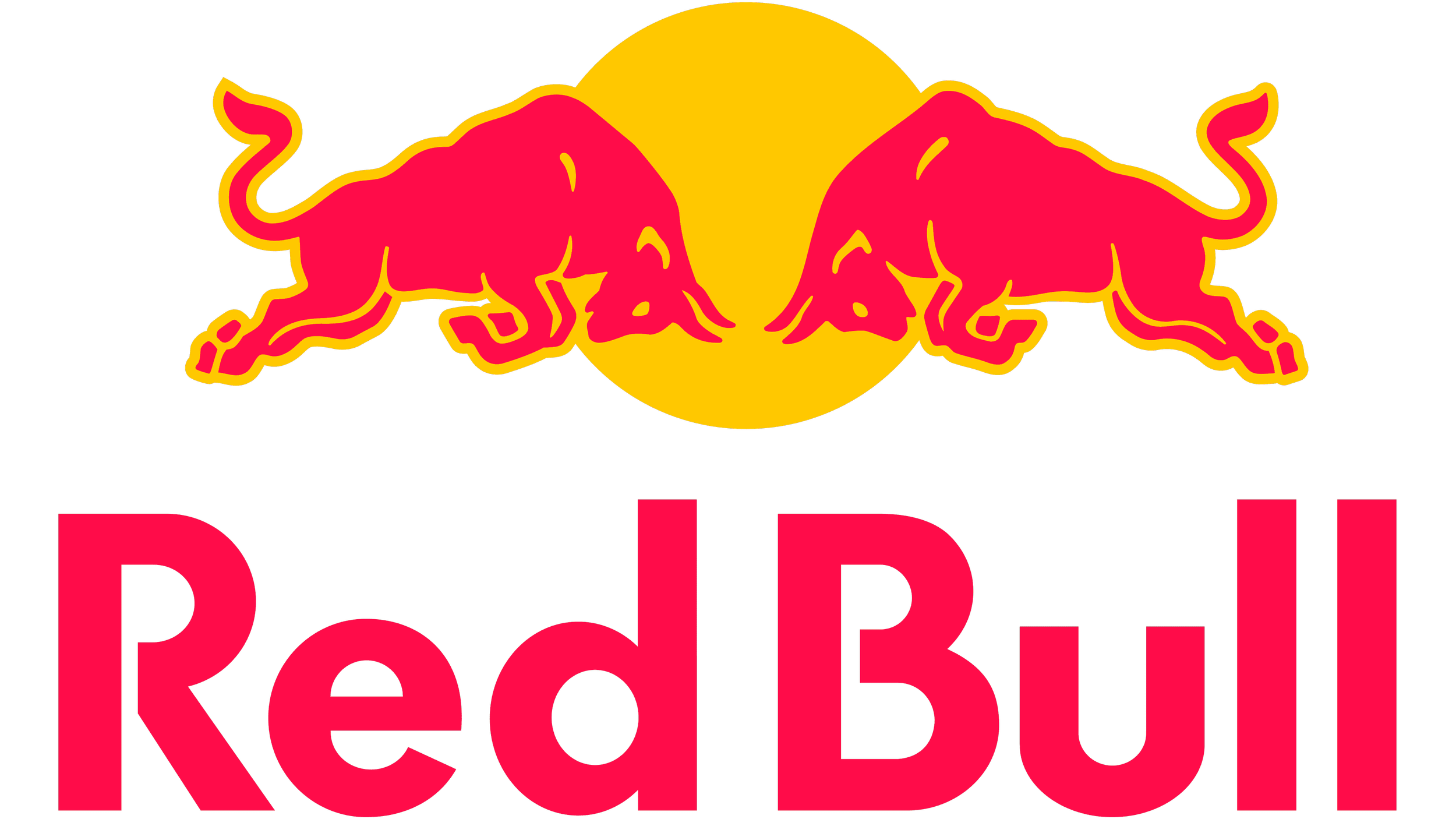 Red Bull logo with two red bulls charging towards each other around a yellow sun, and the words 'Red Bull' in bold red font below.
