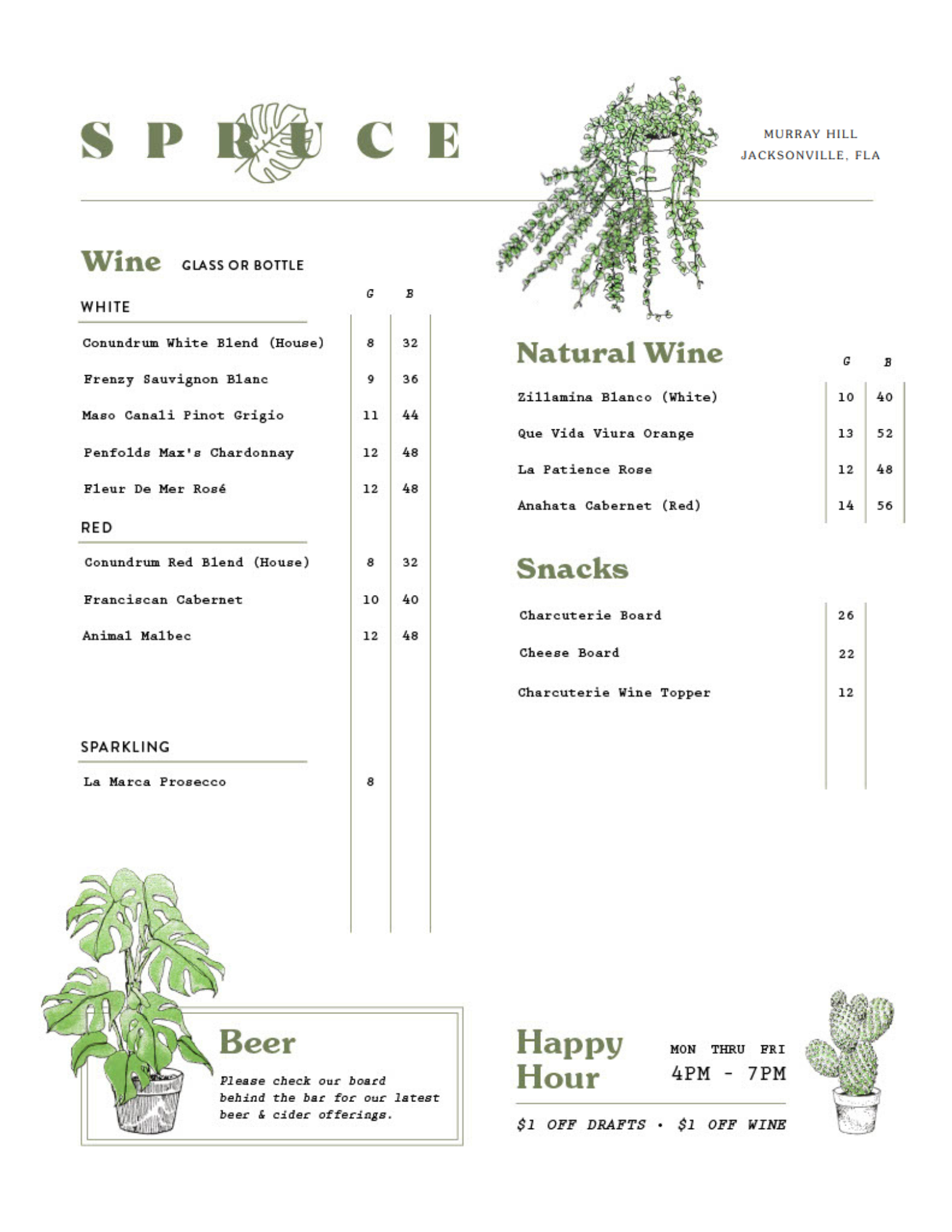 Spruce in Murray Hill offers a thoughtfully curated beer and wine menu featuring craft brews, natural wines, and non-alcoholic options — perfect for laid-back evenings in our cozy, plant-filled space.