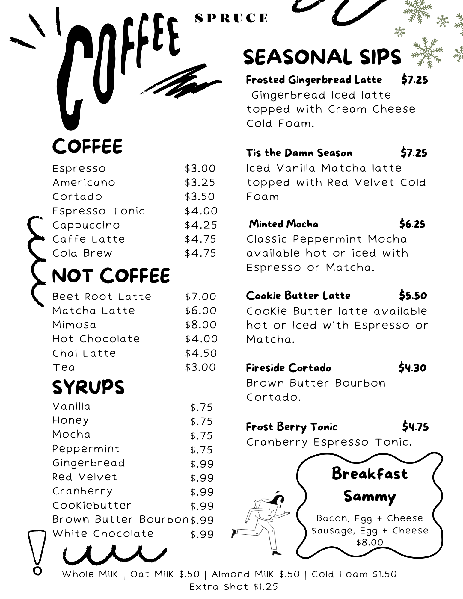 The coffee menu at Spruce in Murray Hill features locally roasted espresso drinks, ceremonial matcha, and loose-leaf teas, along with seasonal specialties — all served in a cozy, plant-filled space.