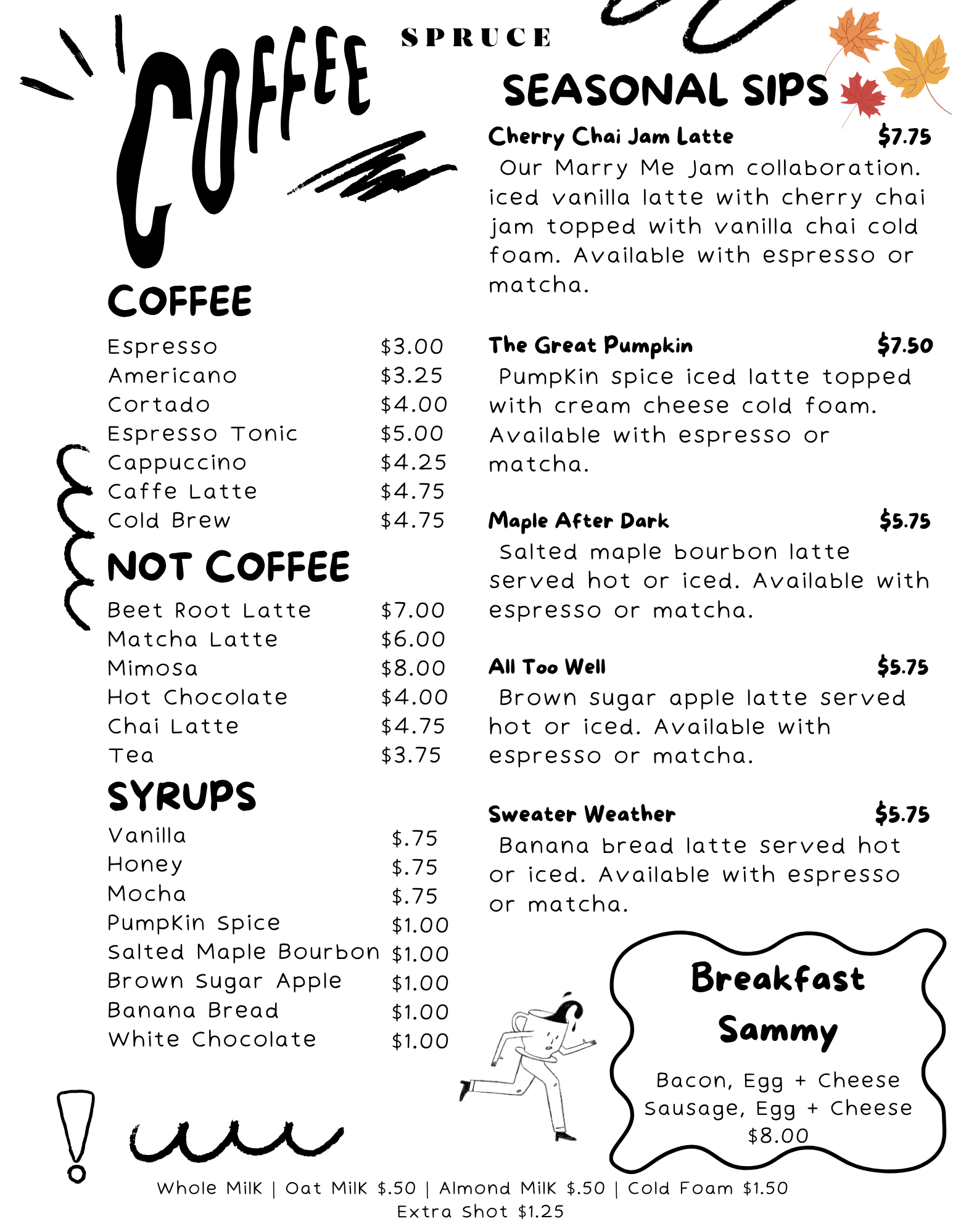 The coffee menu at Spruce in Murray Hill features locally roasted espresso drinks, ceremonial matcha, and loose-leaf teas, along with seasonal specialties — all served in a cozy, plant-filled space.