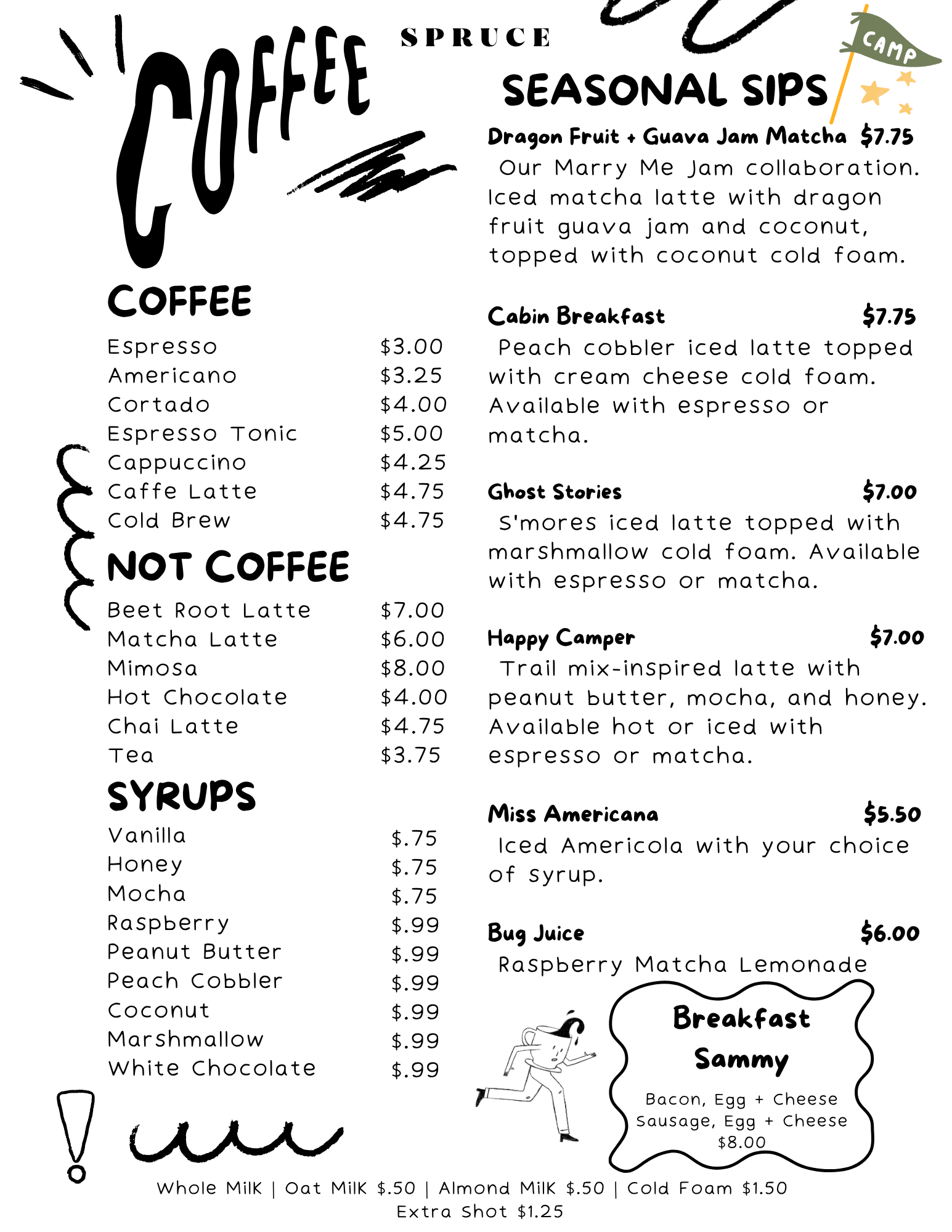 The coffee menu at Spruce in Murray Hill features locally roasted espresso drinks, ceremonial matcha, and loose-leaf teas, along with seasonal specialties — all served in a cozy, plant-filled space.