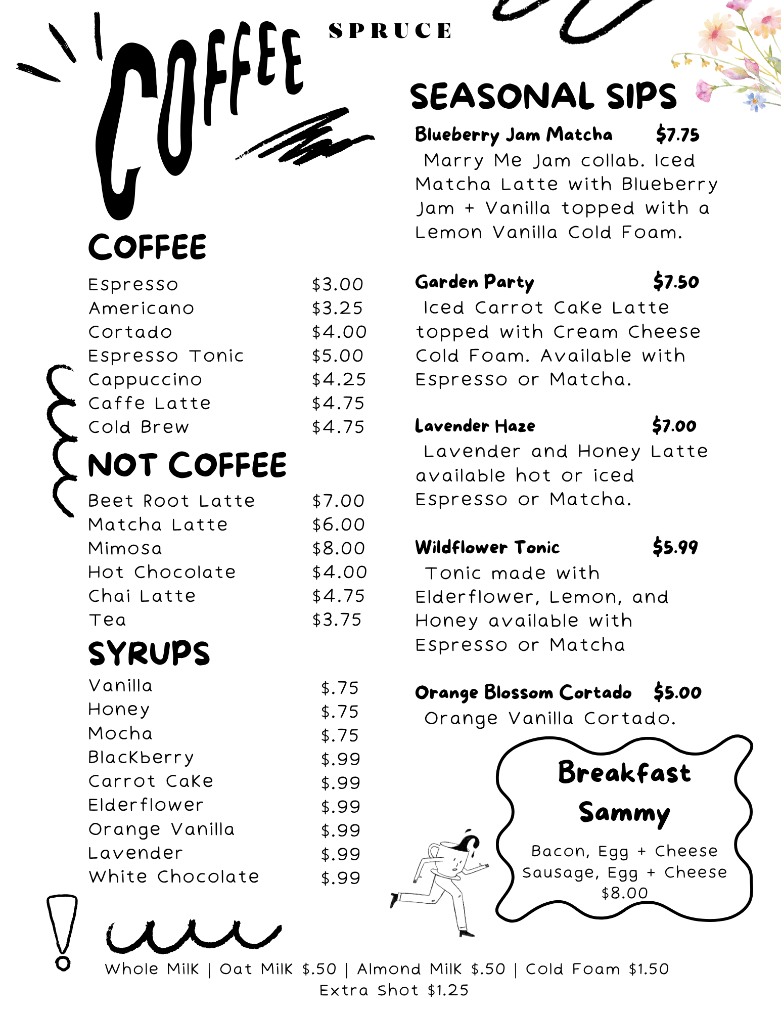 The coffee menu at Spruce in Murray Hill features locally roasted espresso drinks, ceremonial matcha, and loose-leaf teas, along with seasonal specialties — all served in a cozy, plant-filled space.