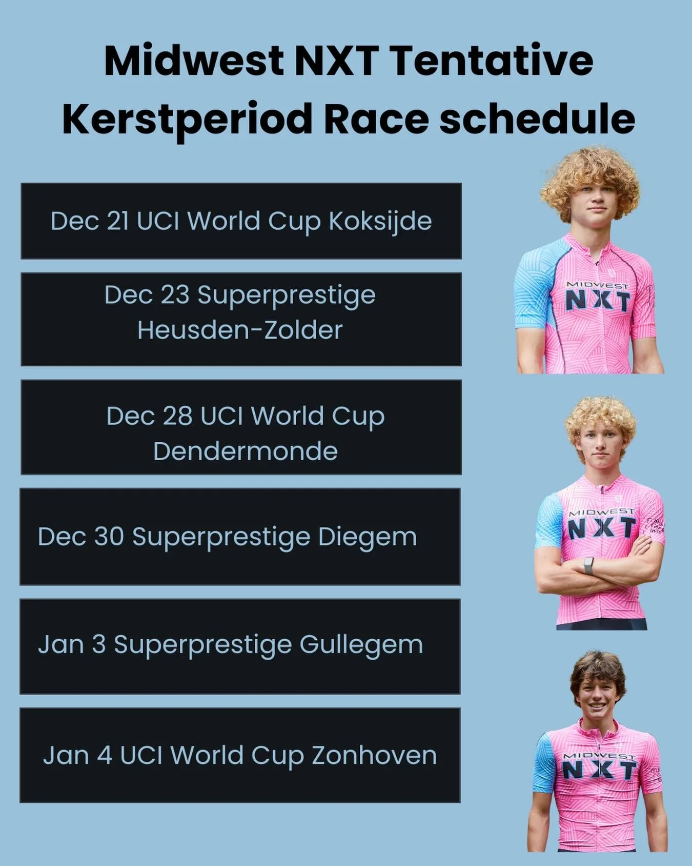 Tentative European race schedule for the @midwestnxt boys. After the National Championships this weekend, they will all be traveling over to Belgium for a multi-week block of racing. Let&rsquo;s go NXT!
@midwestdevocycling 
@bicyclegarageindy 
@iamsp