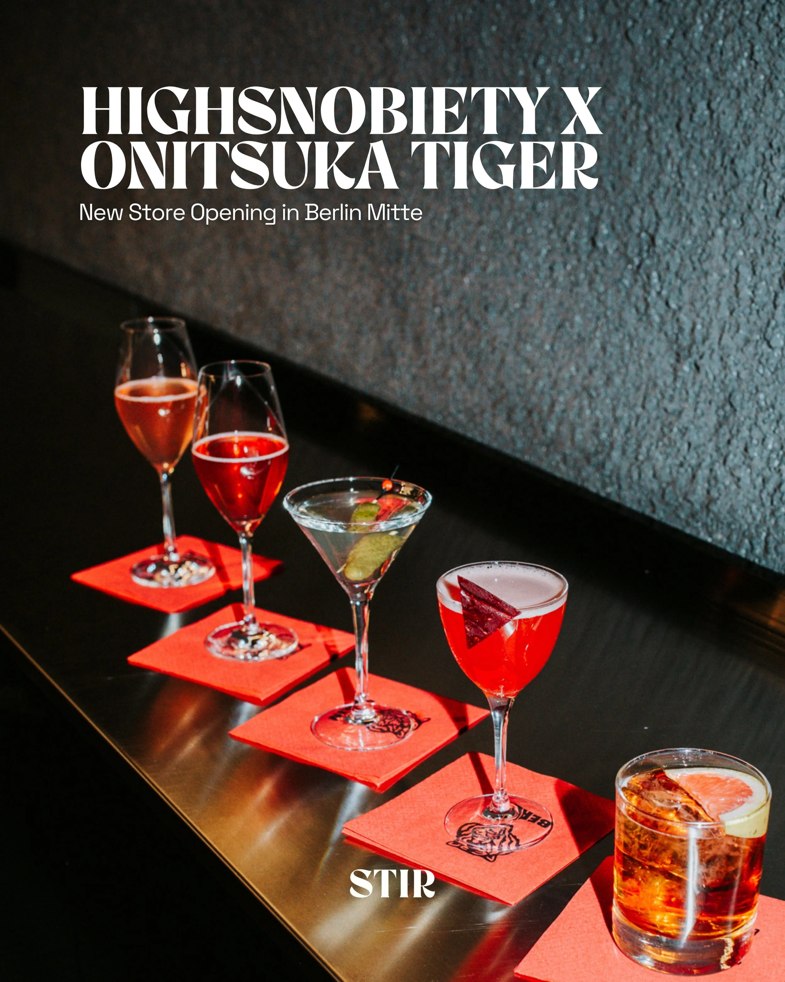 We took part in the launch of newly reimagined Onitsuka Tiger store in Berlin Mitte.

Back bar setup with tray service throughout the event, designed for tight spaces and continuous flow.

A menu built on local references and classic structures, from