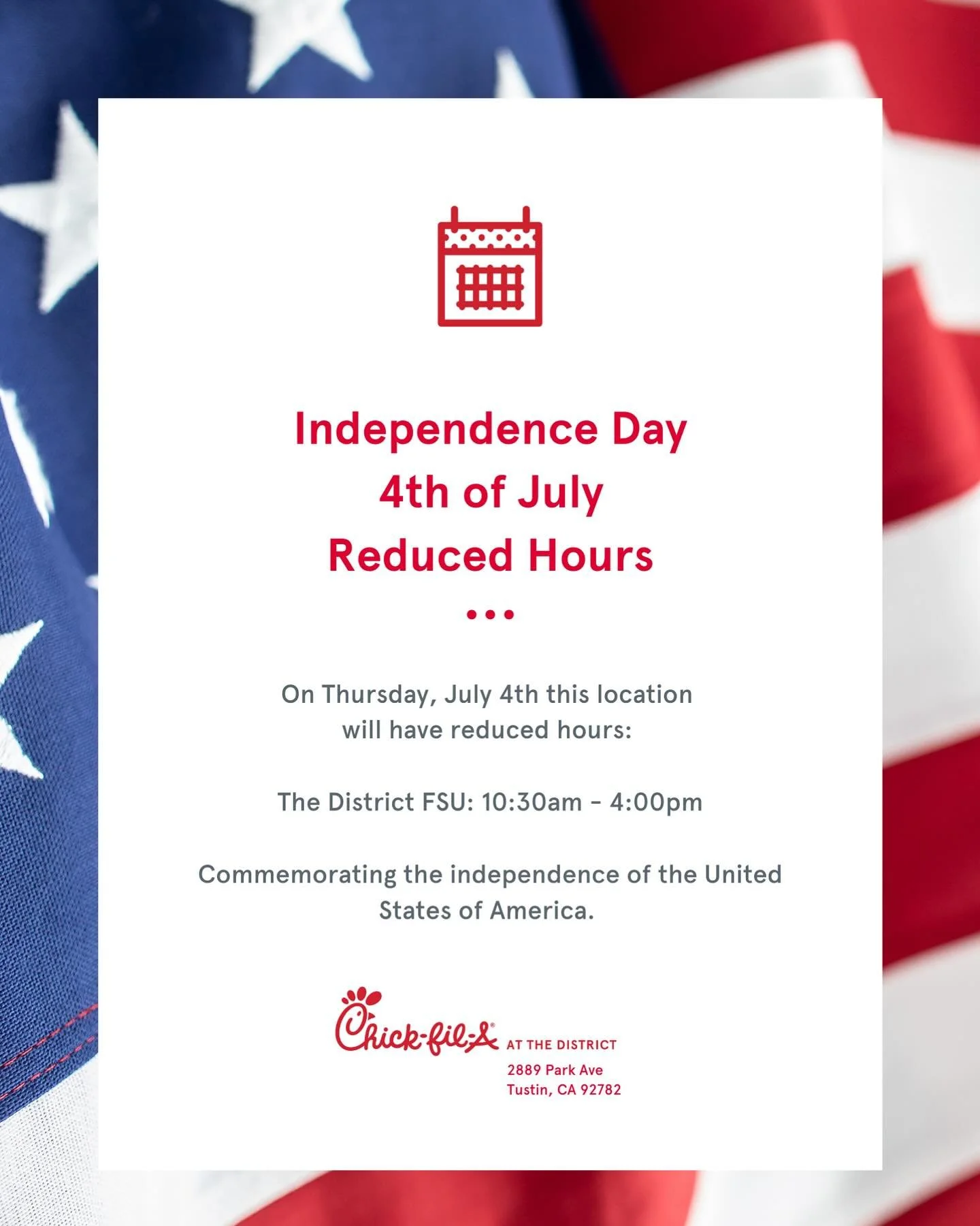 We will have special holiday hours for 4th of July. Our location will be open from 10:30am-4pm for your convenience! 

Stop by for some Chick-Fil-A before your Independence Day festivities! #4thofjuly #holidayhours