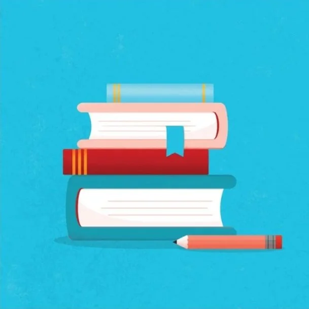 An illustration of a stack of 4 books with a pencil beside them