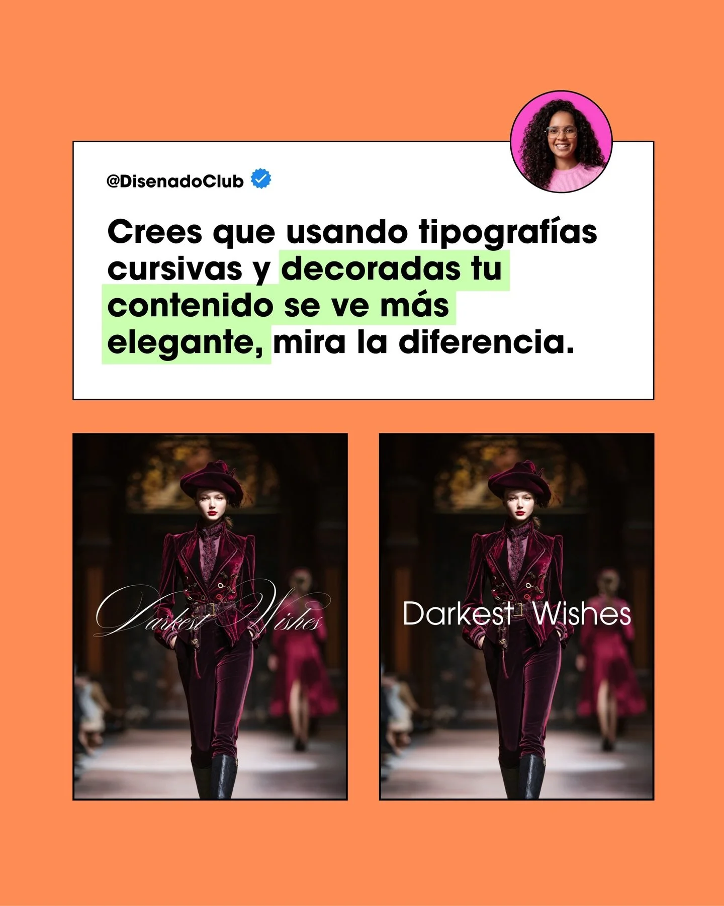 Llenas tus posts de letras cursivas y decoradas pensando que as&iacute; te ves m&aacute;s elegante, pero la realidad es que tu audiencia no logra leerte.
Confundir lo sobrecargado con lo premium es un error visual que te quita autoridad. Si una tipog
