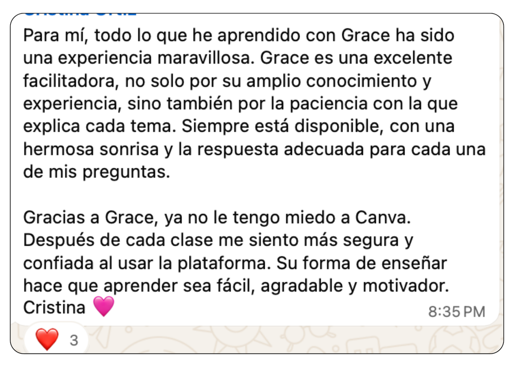 Mensaje de una alumna de Diseñado Club