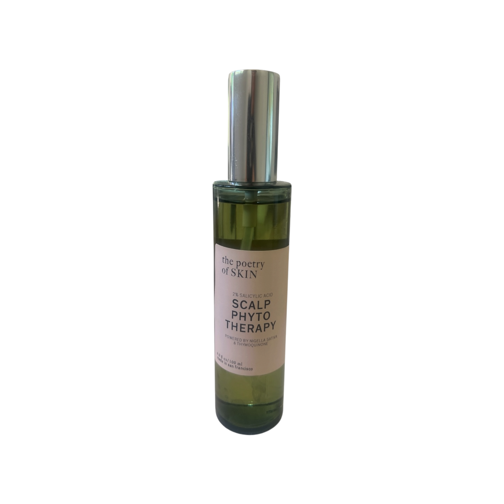 Poetry of Skin Phyto Scalp Therapy black seed oil scalp treatment in green glass dropper bottles, angled product view on grey background