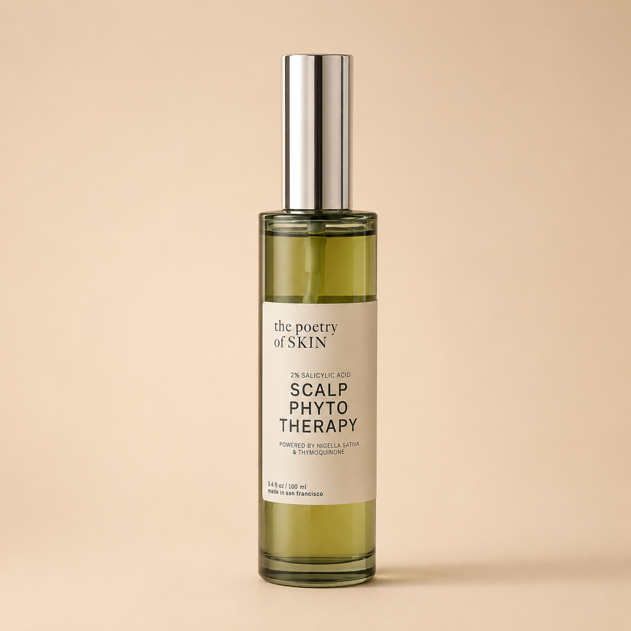 Phyto Scalp Therapy pre-wash scalp oil by Poetry of Skin in a green glass dropper bottle against a warm beige background