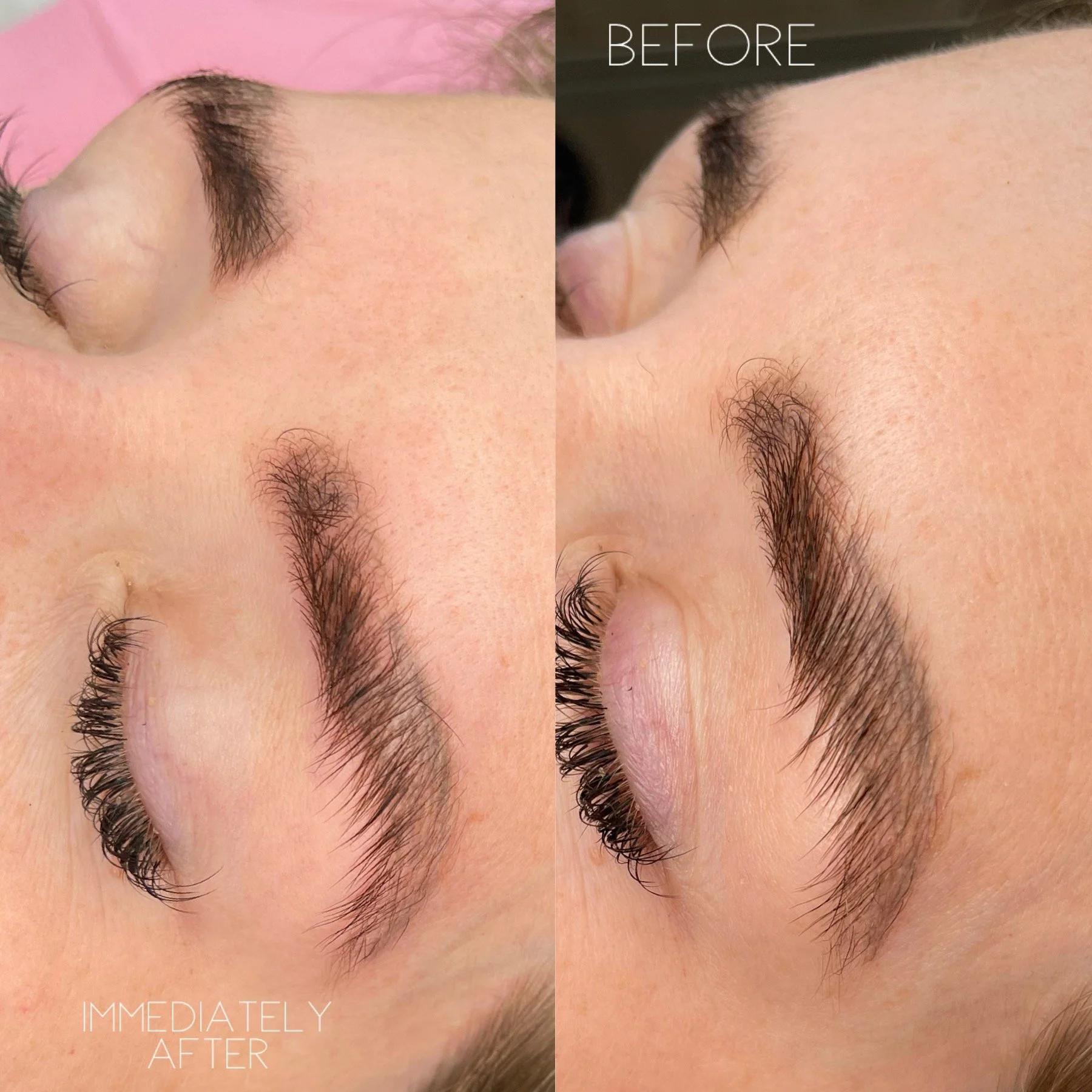 Close-up of a woman's face showing eyebrow and eyelash transformation with a split view, labeled 'Before' and 'Immediately After'.