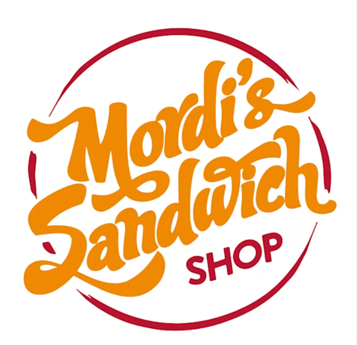 Logo for Mordi's Sandwich Shop with orange and red text inside a red-cornered circle
