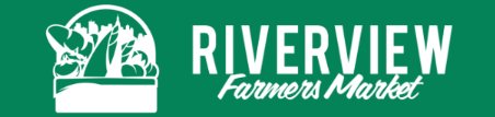 Riverview Farmer Market logo with a green background, featuring a graphic of a river, a barn, and trees.
