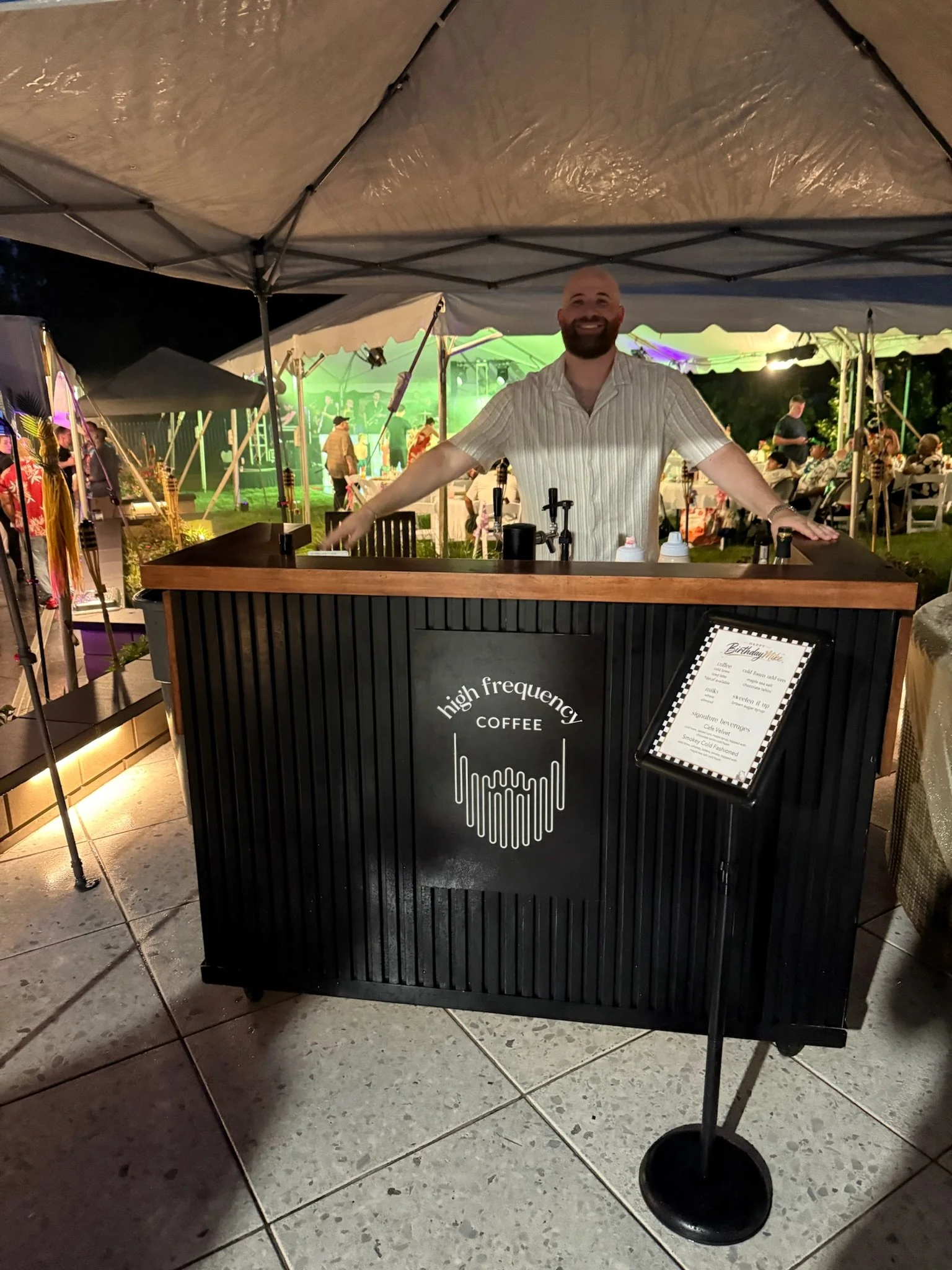 Custom coffee cart experience by High Frequency Coffee for weddings, corporate events, and private parties
