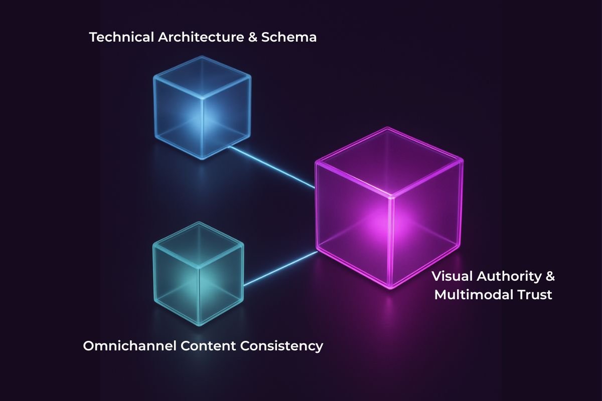 Cubes representing the 3 pillars of input that an ai search readiness audit checks