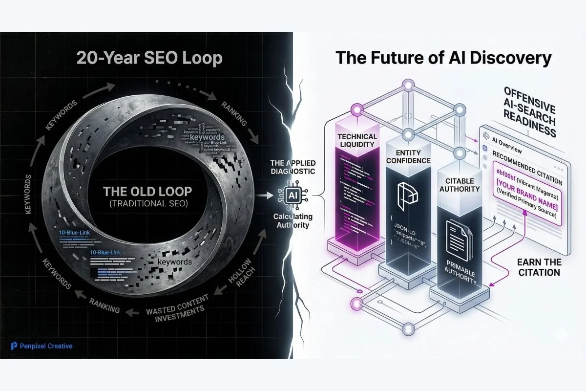 Mobius loop on the left illustrating traditional SEO practices; three pillars on the right illustrating technical liquidity, entity confidence, and citable authority of AI search readiness.
