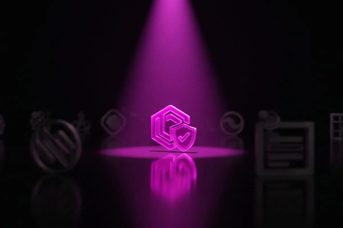 Magenta spotlight on badge with checkmark symbolizing a site is optimized for Agentic Search