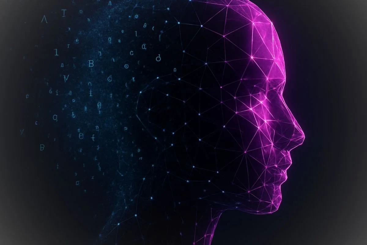 Entity recognition in AI symbolized by a computer generated human head dissolving into letters