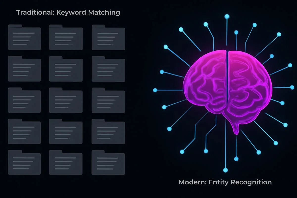 Keyword matching files on the left and human brain with node points projecting off