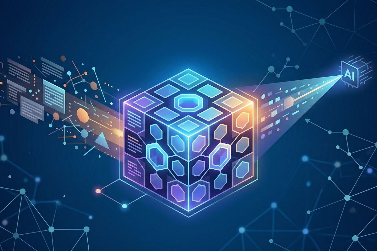 A cube containing hexagons with AI scanning it to understand how information relates to other information