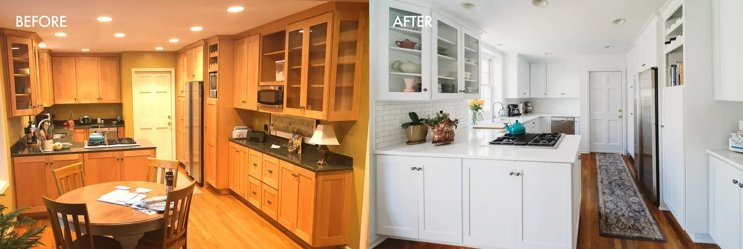 Before and after of existing kitchen cabinets repainted white by Gripka & Co.