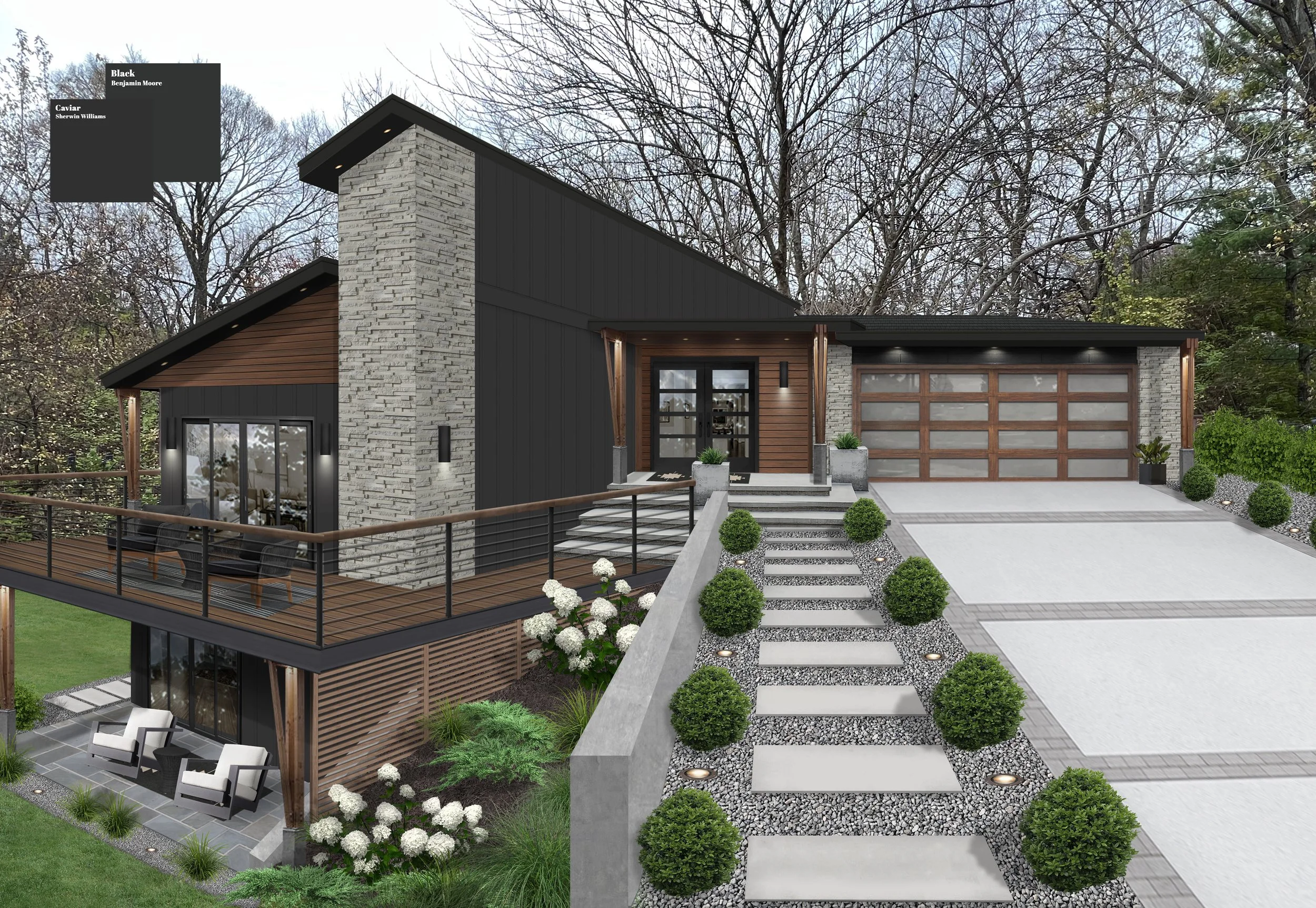Exterior remodeling design rendering showing coordinated paint, siding and trim colors.