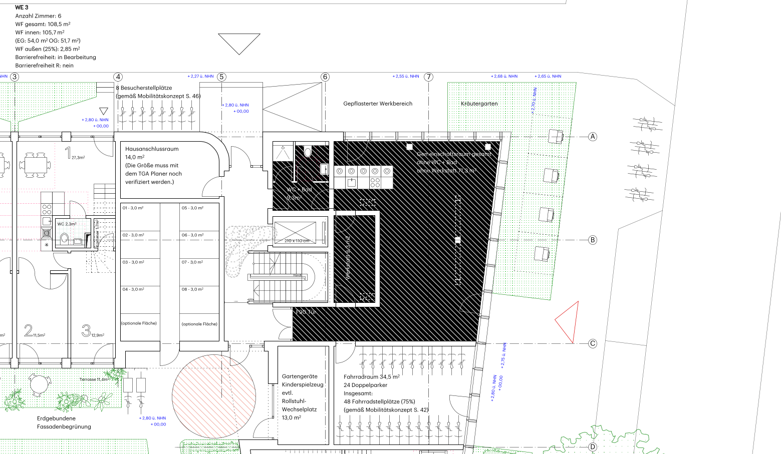 Im Erdgeschoss befindet sich das Zentrum unserer Nachbarschaft, der Gemeinschaftsraum. Er ist
als „robuster Raum“ geplant, wie einer unserer Architekten sagt: Keine Wohnung grenzt direkt daran,
das sorgt für guten Schallschutz. Was wir mit diesem Mög