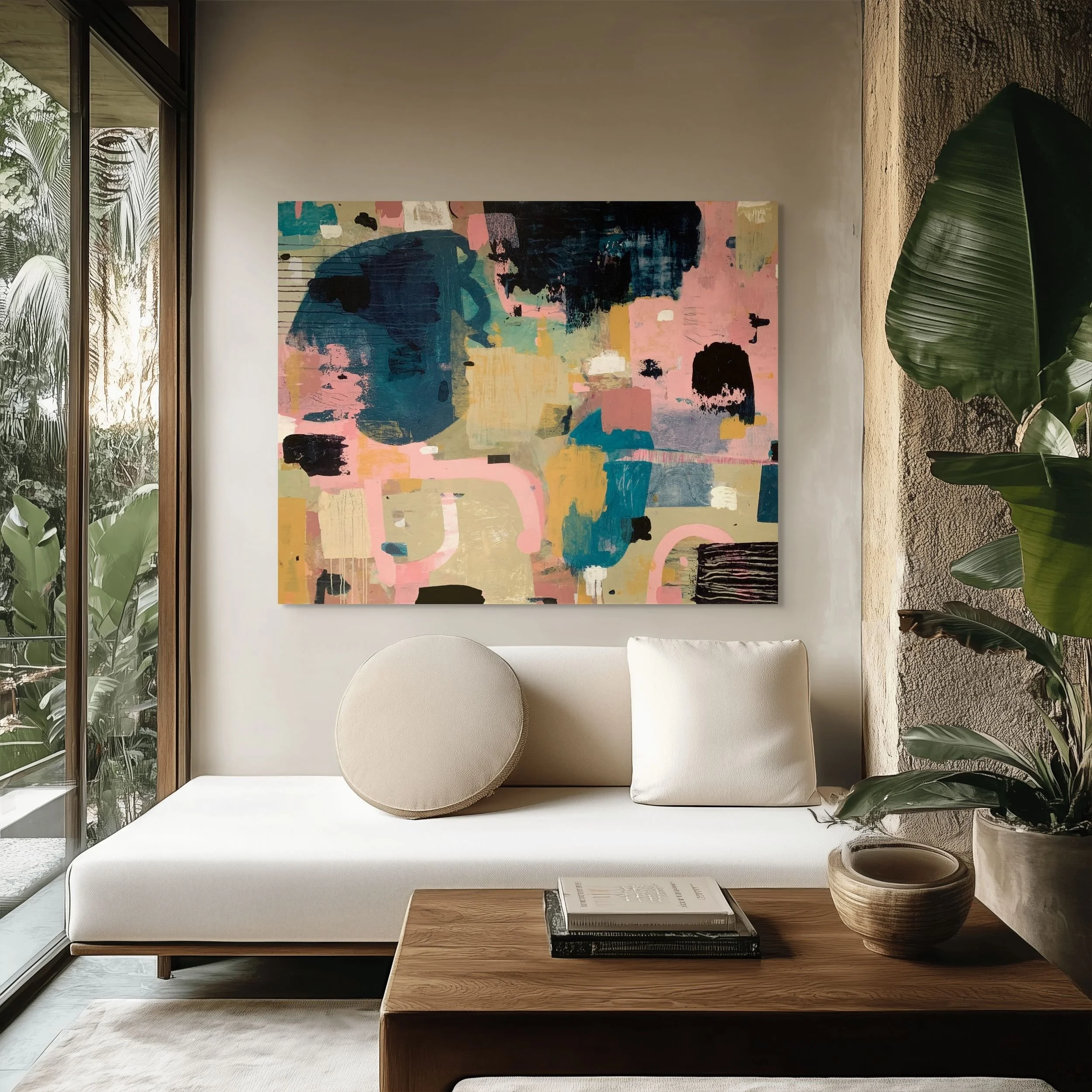 Abstract painting with overlapping shapes in pink, blue, beige, and dark navy over a white chase lounge in a contemporary living room.