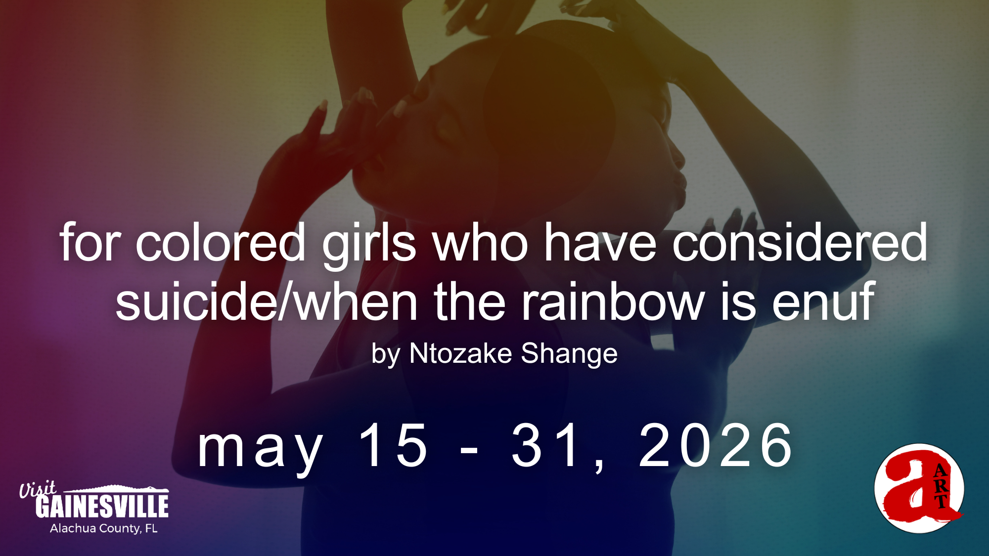 two women posing gracefully against a rainbow-colored backdrop