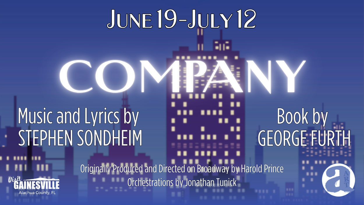 City skyline on a blue background with dates and production details