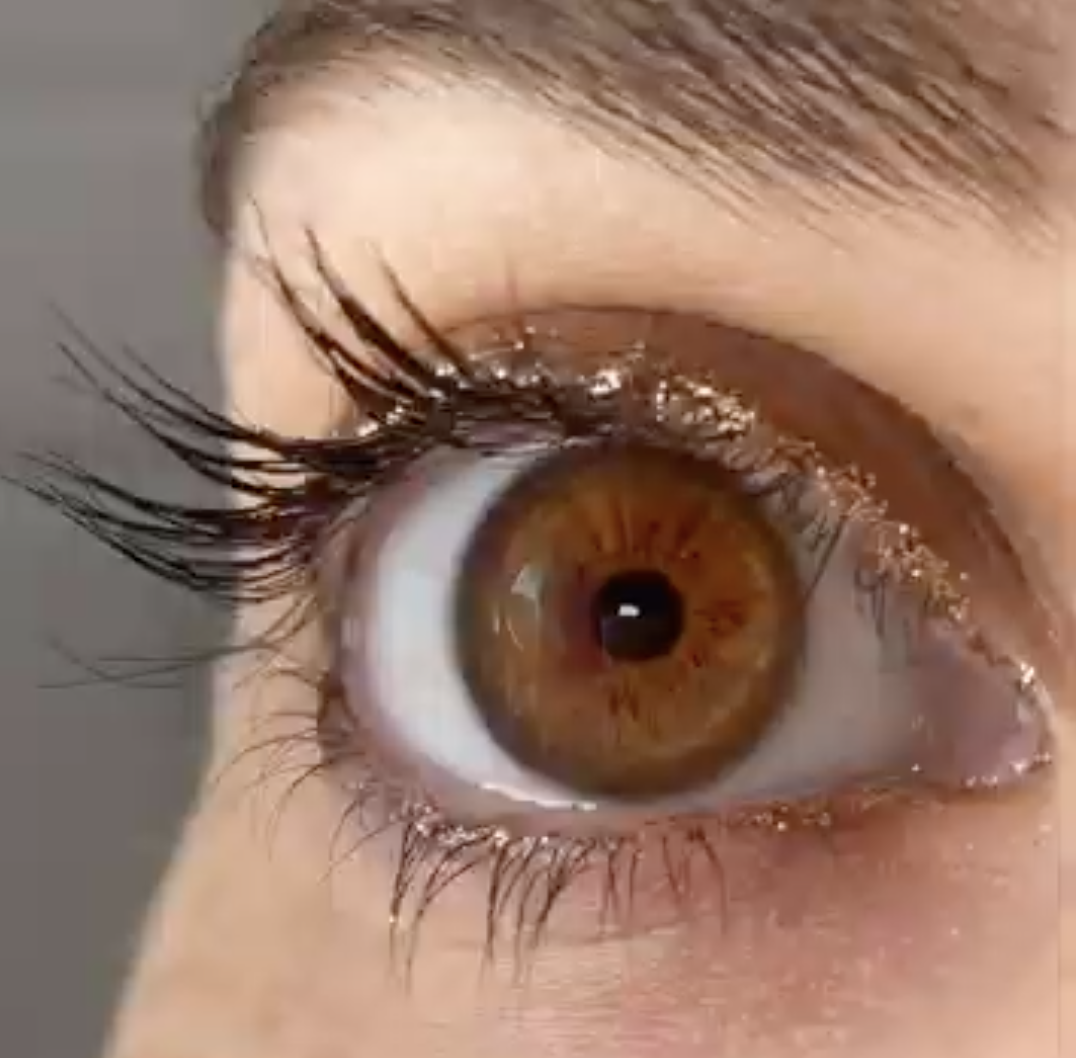 Close-up of a human eye with brown iris, long dark eyelashes, and visible skin around the eye.