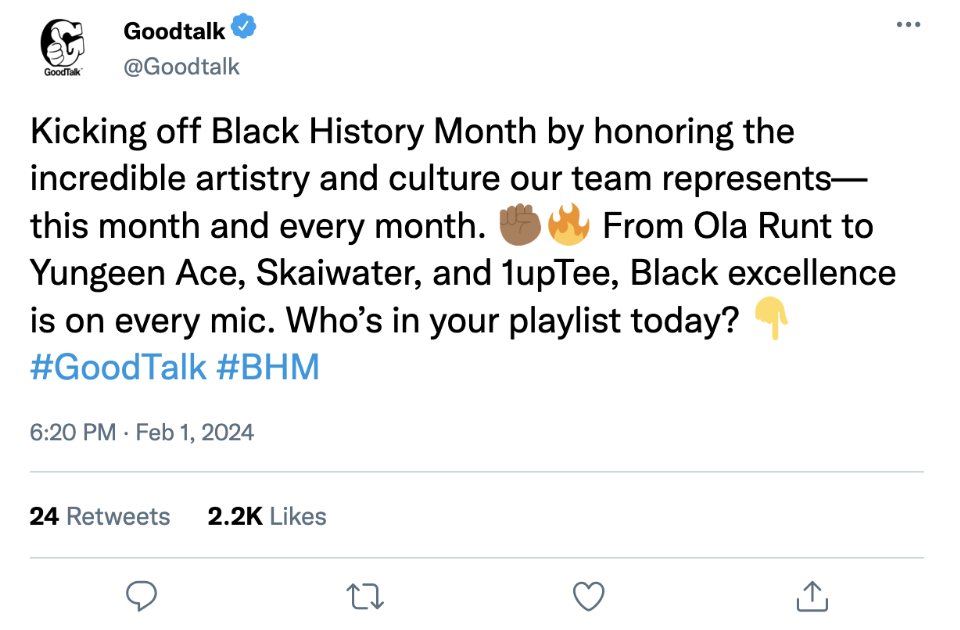 A tweet from Goodtalk describing Black History Month celebrations, including references to various artists and emojis representing excellence and culture.