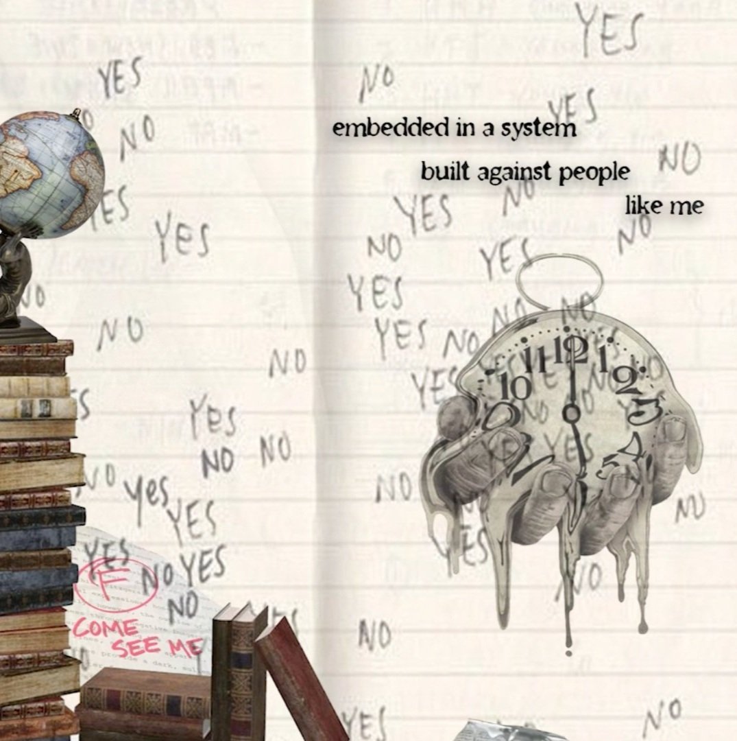 A wall covered with repeated words 'YES' and 'NO' scribbled in black ink, with a graffiti image of melting a clock with numbers on its face on the right side. A small drawing says 'COME SEE ME' in pink. On the left side, there is a small globe on top of a stack of books and another smaller stack of books at the bottom.