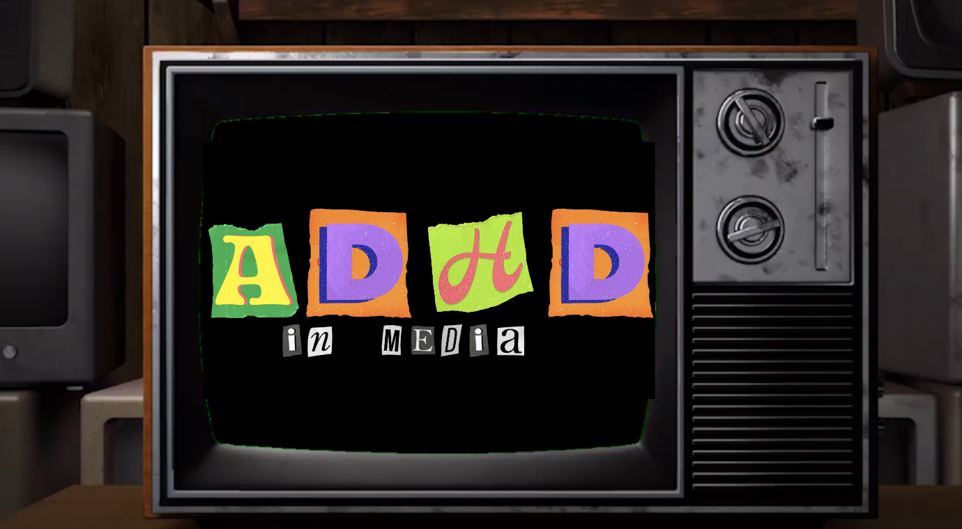 Vintage television displaying a colorful collage that reads 'DAD in MEDIA' with various styles and colors of letters.
