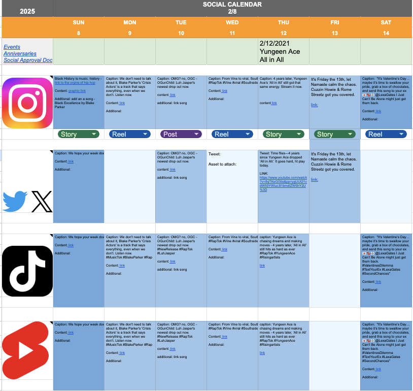 Calendar displaying social media content schedule for February 8-14, 2025. It includes posts for Instagram, Twitter, TikTok, and YouTube, with descriptions, links, and contents for each day.