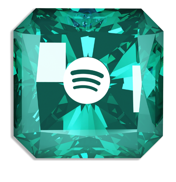 A digital graphic of a blue-green gemstone with the Spotify logo in the center.