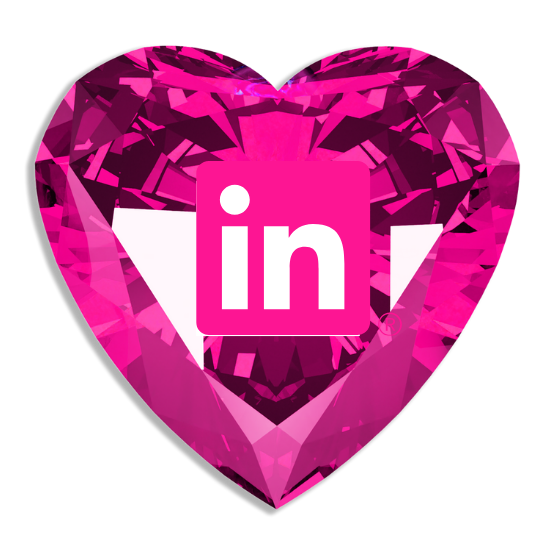A pink heart-shaped crystal with the LinkedIn logo in the center.