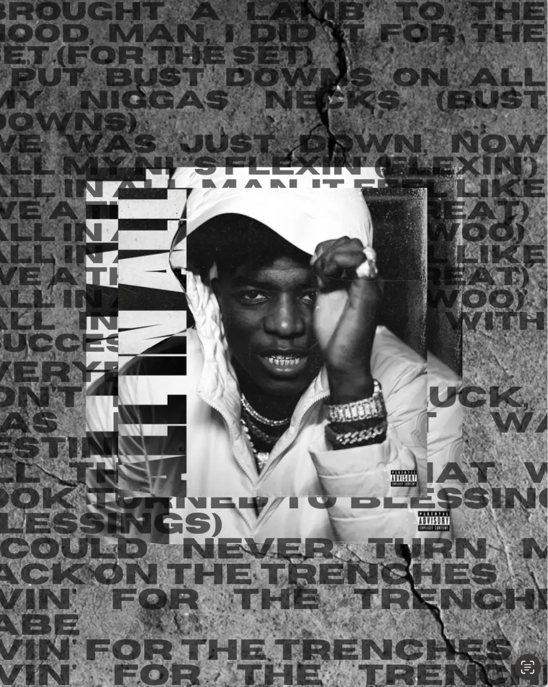 Black and white photograph of a person wearing a white cap, jewelry, and a watch, with their hand in front of their face, in front of a textured background with overlaid text.