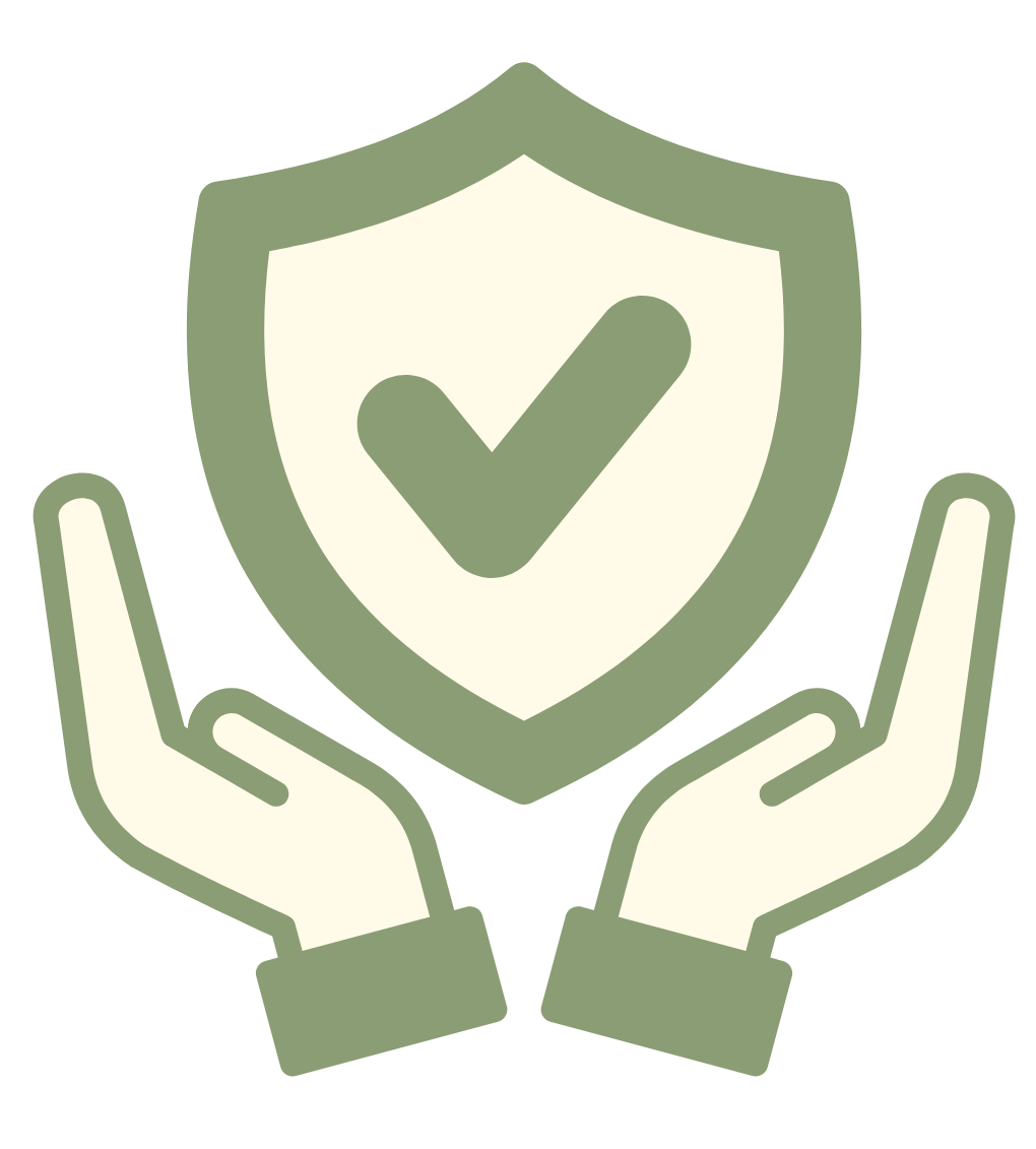 Illustration of two hands holding a shield with a checkmark, symbolizing protection or security.