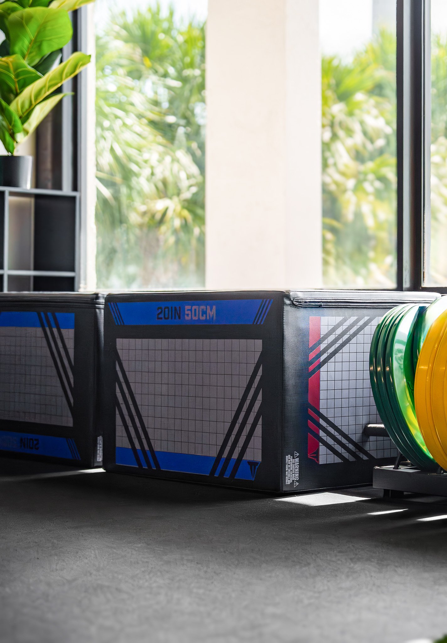 Indoor scene with two boxes of tennis balls and a colorful tennis racket leaning against a window.