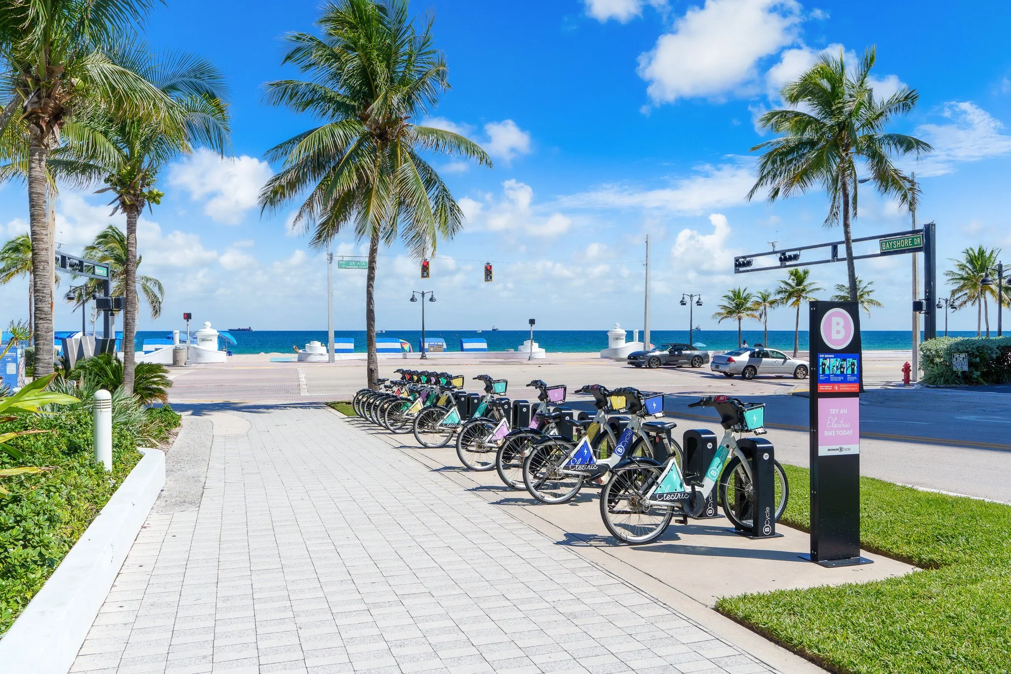 Bicycles parked along a palm-lined boardwalk in South Florida