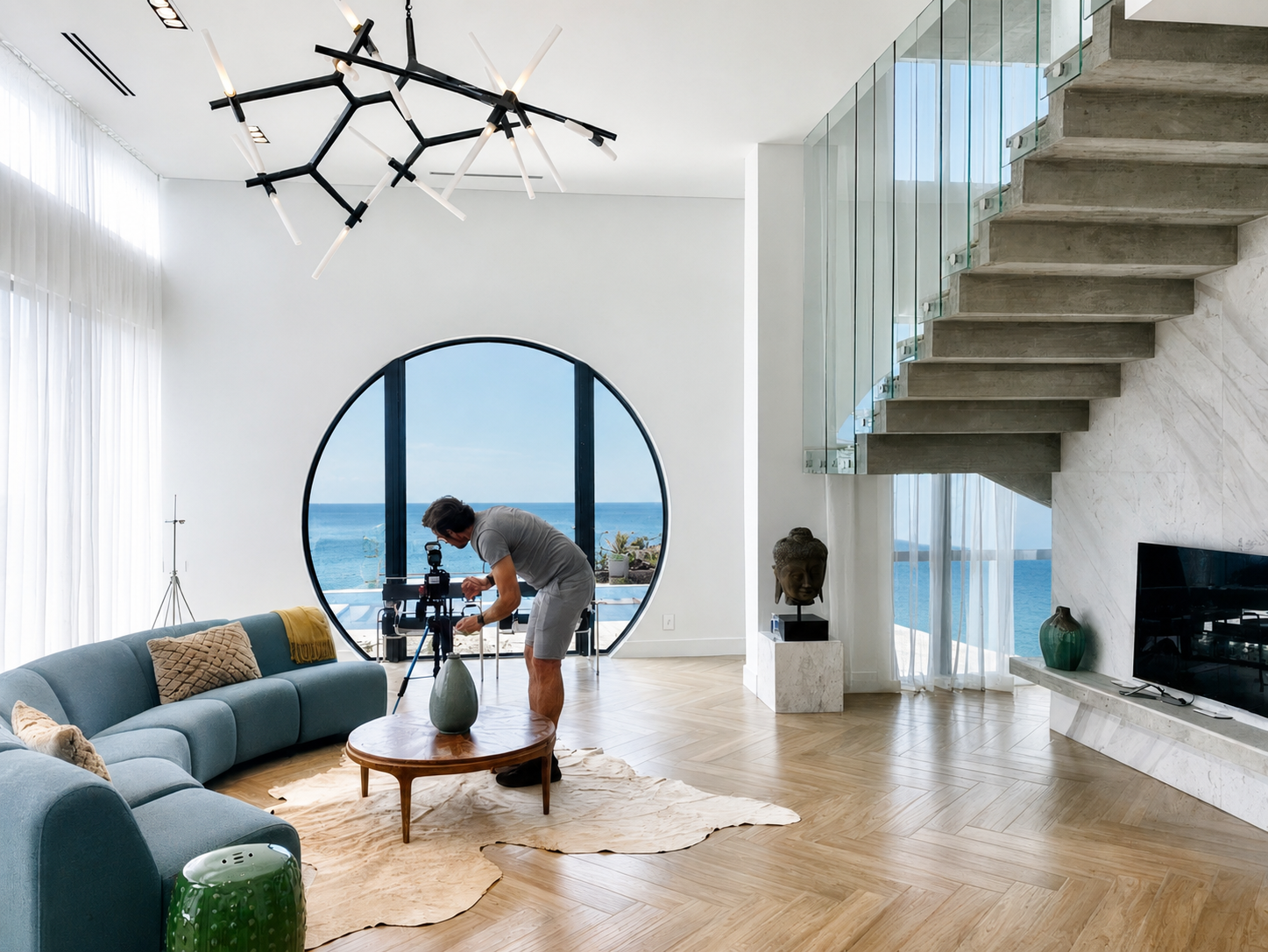 South Florida interior photographer composing a shot in a luxury modern living room with ocean view and statement chandelier