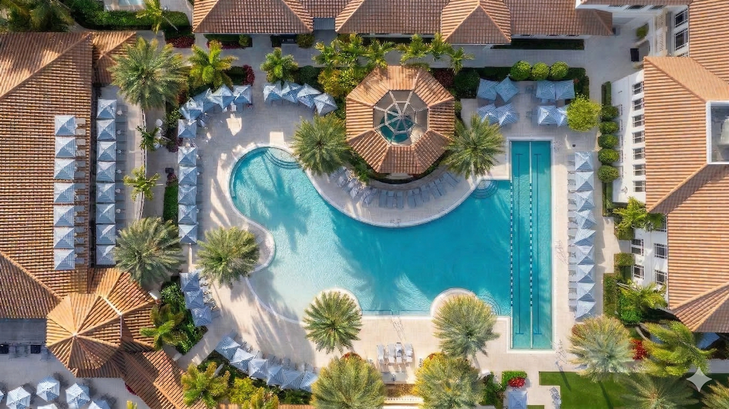 Aerial view of a resort swimming pool area with lounge chairs, umbrellas, palm trees, and surrounding buildings with orange-tiled roofs.