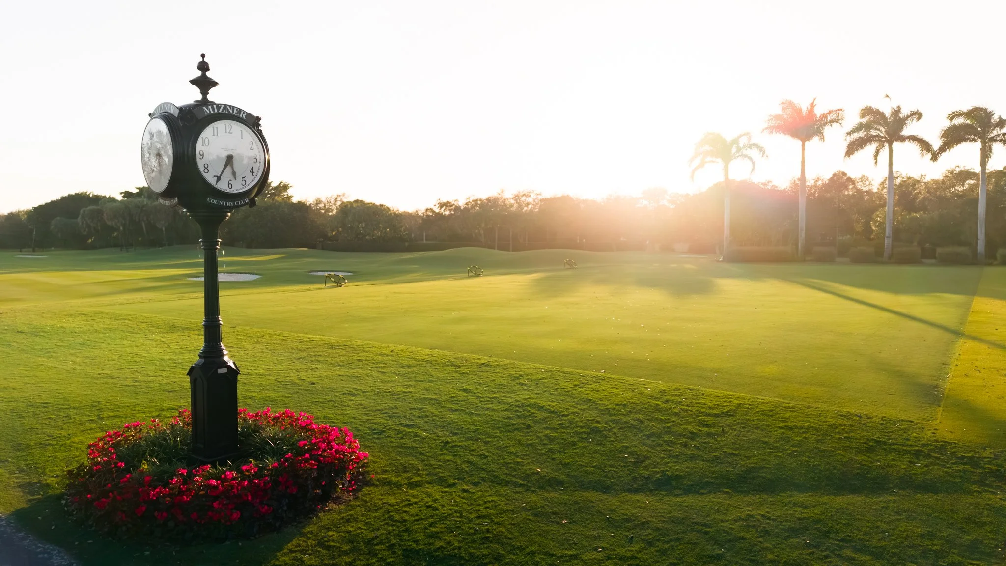 A golf course at sunset with a black vintage clock on a stand, surrounded by red flowers. Palm trees line the background, and the golf course is lush and green with sand traps.
