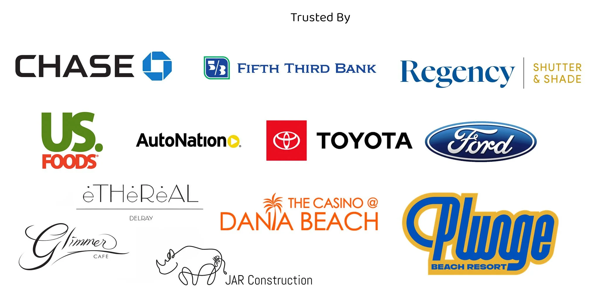 Collection of various business and brand logos, including Chase, Fifth Third Bank, Regency Shutter & Shade, US Foods, AutoNation, Toyota, Ford, EtHèReAL, The Casino at Dana Beach, Summer Cafe, and Champion Beach Resort.