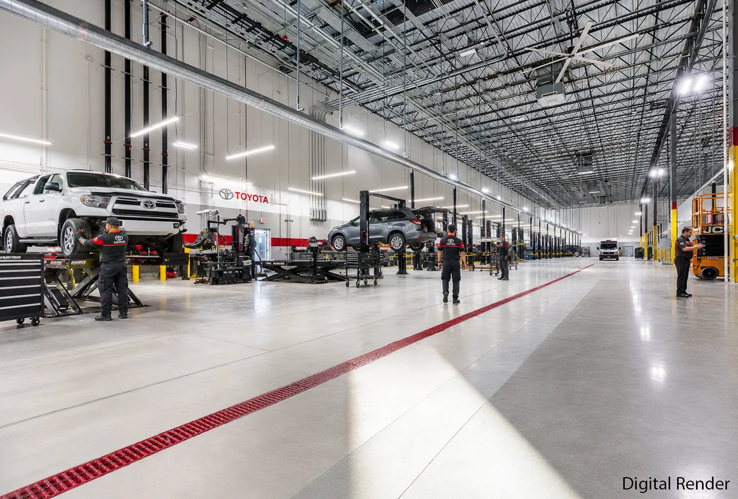 A spacious indoor automotive repair shop with multiple vehicles on lifts, technicians working on cars, and professional equipment. The shop has high ceilings, bright lighting, and a clean, organized environment.