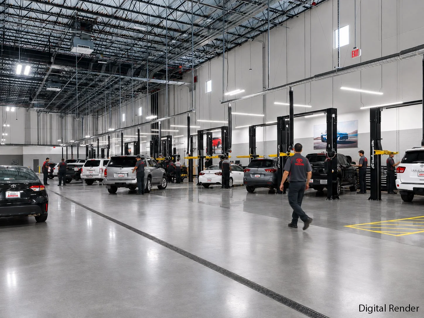 Inside an auto service center with multiple car bays. Several employees are working on vehicles, which include brands like Toyota and Honda. The space has high ceilings, bright lighting, and modern amenities.
